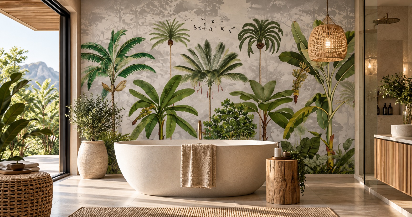 Jungle Grande custom fabri-wallpaper in a luxurious bathroom