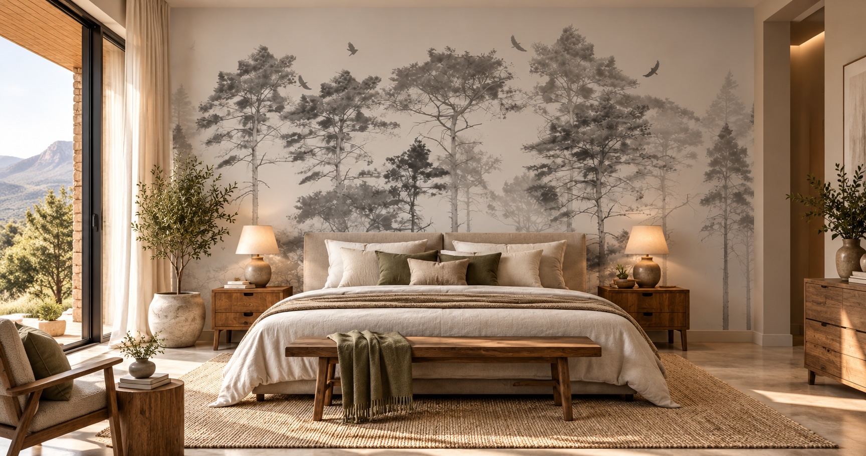 Silver wood custom fabri-wallpaper in a warm bedroom